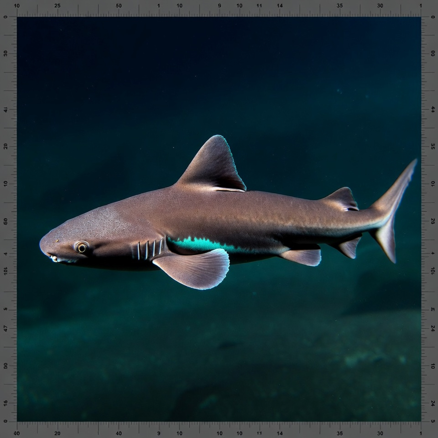 Generated editorial rendering of the American pocket shark based on NOAA reference photographs, with ruler marks framing the image.