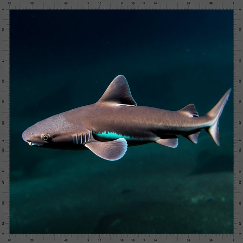 Generated editorial rendering of the American pocket shark based on NOAA reference photographs, with ruler marks framing the image.
